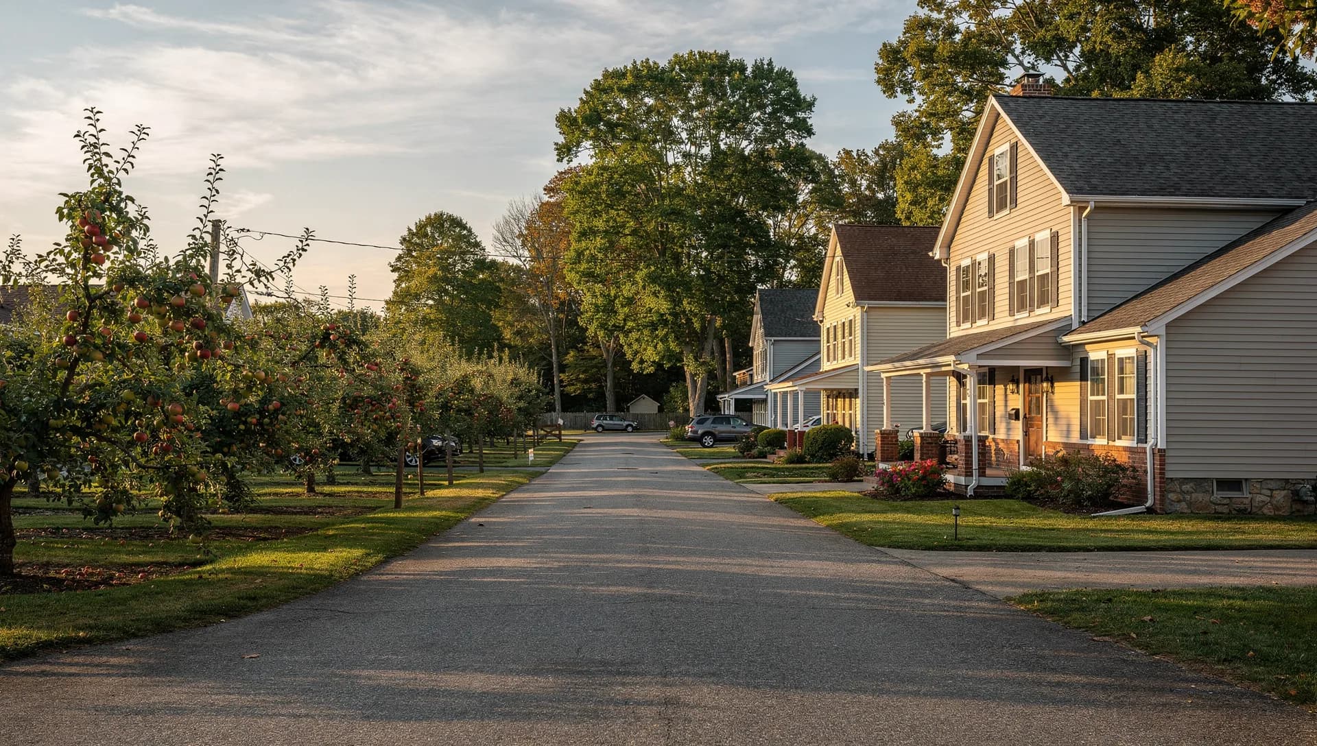 A quiet suburban street at golden hour with an apple orchard on one side and clapboard colonial homes on the other in Wilmington, Massachusetts.